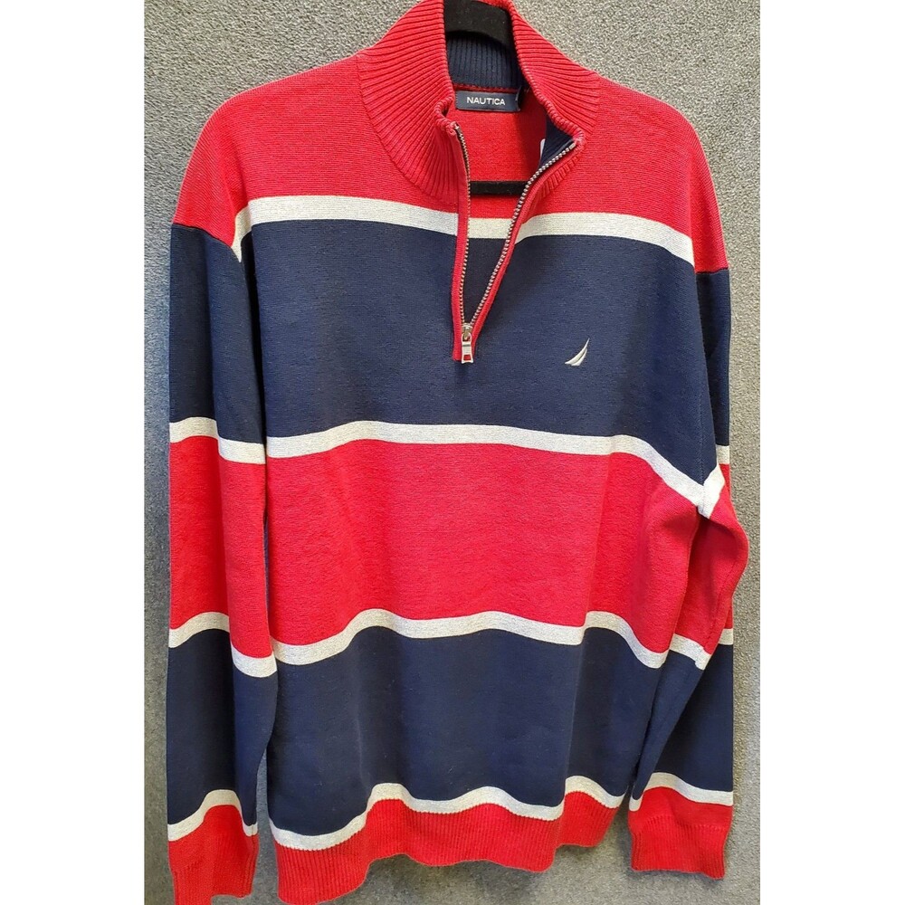 Nautica NWT Men's 1/4 Zip Sweater 2XL, XXL, Striped Red, Blue & Grey